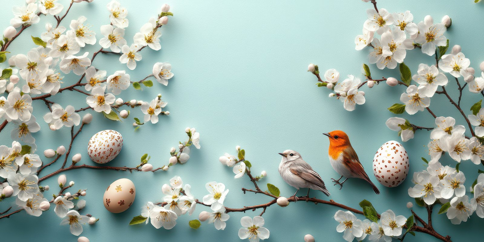 Spring blossoms and birds with decorative eggs create a vibrant and cheerful atmosphere for seasonal celebrations